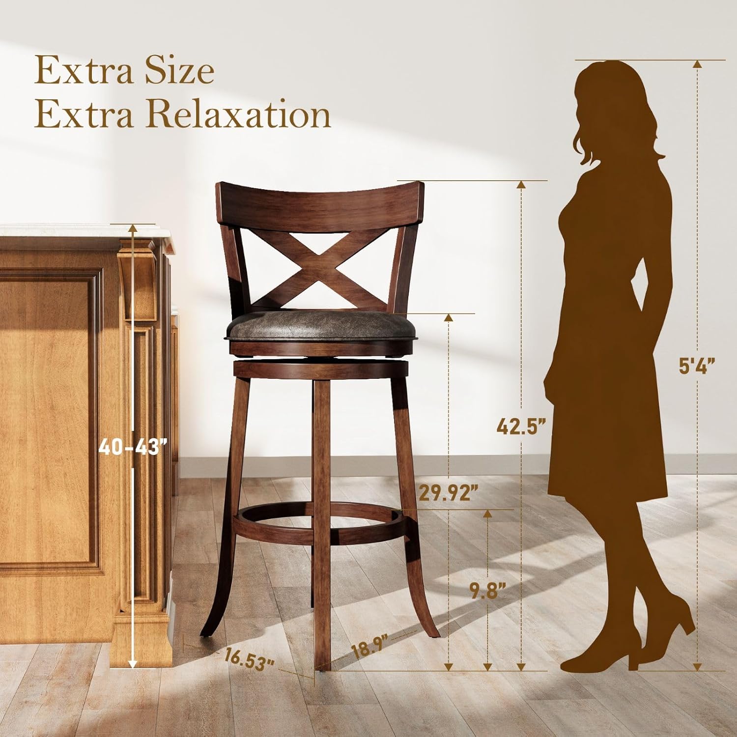 Sophia & William Swivel Bar Stools Set of 4, 30 Inch Bar Height Barstools with Cross Back & Walnut Wood Legs,Faux Leather Kitchen Stools, Brown