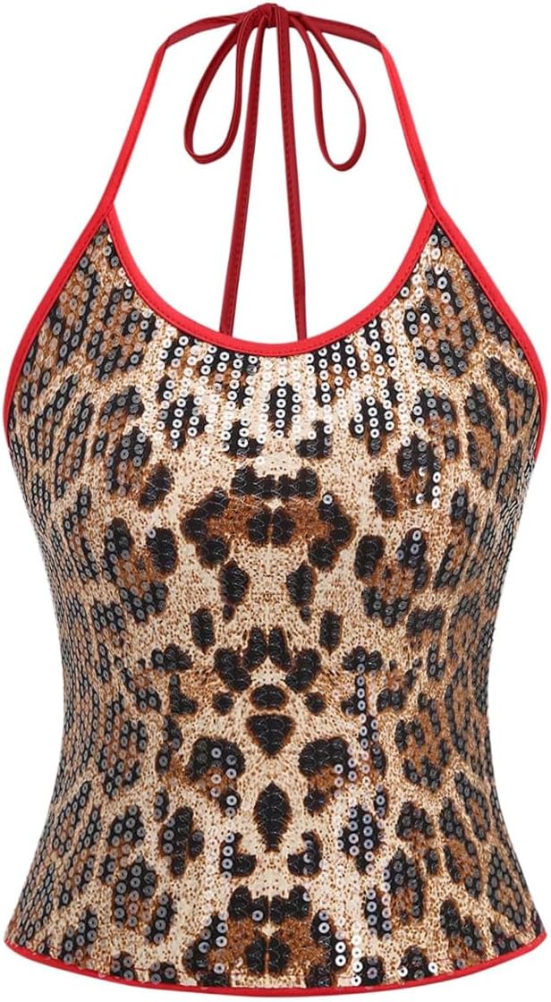 Women's Sequin Halter Tops Sparkly Y2k Cheetah Print Tie Backless Tank Crop Top