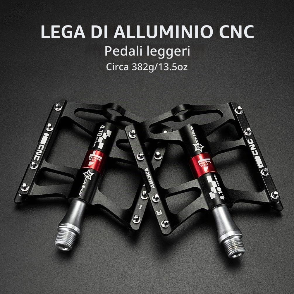 ROCKBROS Pedali Bici MTB in Alluminio 9/16” Universali 4 Cuscinetti Sigillati Anodizzazione CNC Antiscivolo Ultra-Leggero