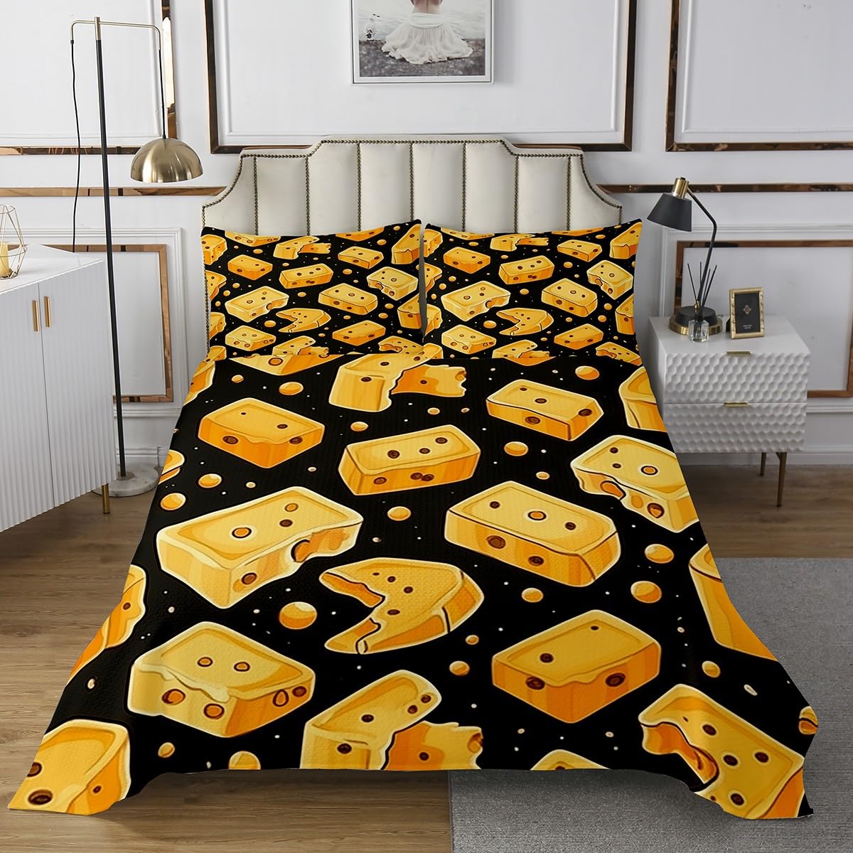 Homemissing Formaggio Cartoon Formaggio Copriletto 260x240cm per Bambini Ragazzi Ragazze Delizioso cibo Trapuntato Nero Giallo Copriletto Trapuntato 3 pezzi