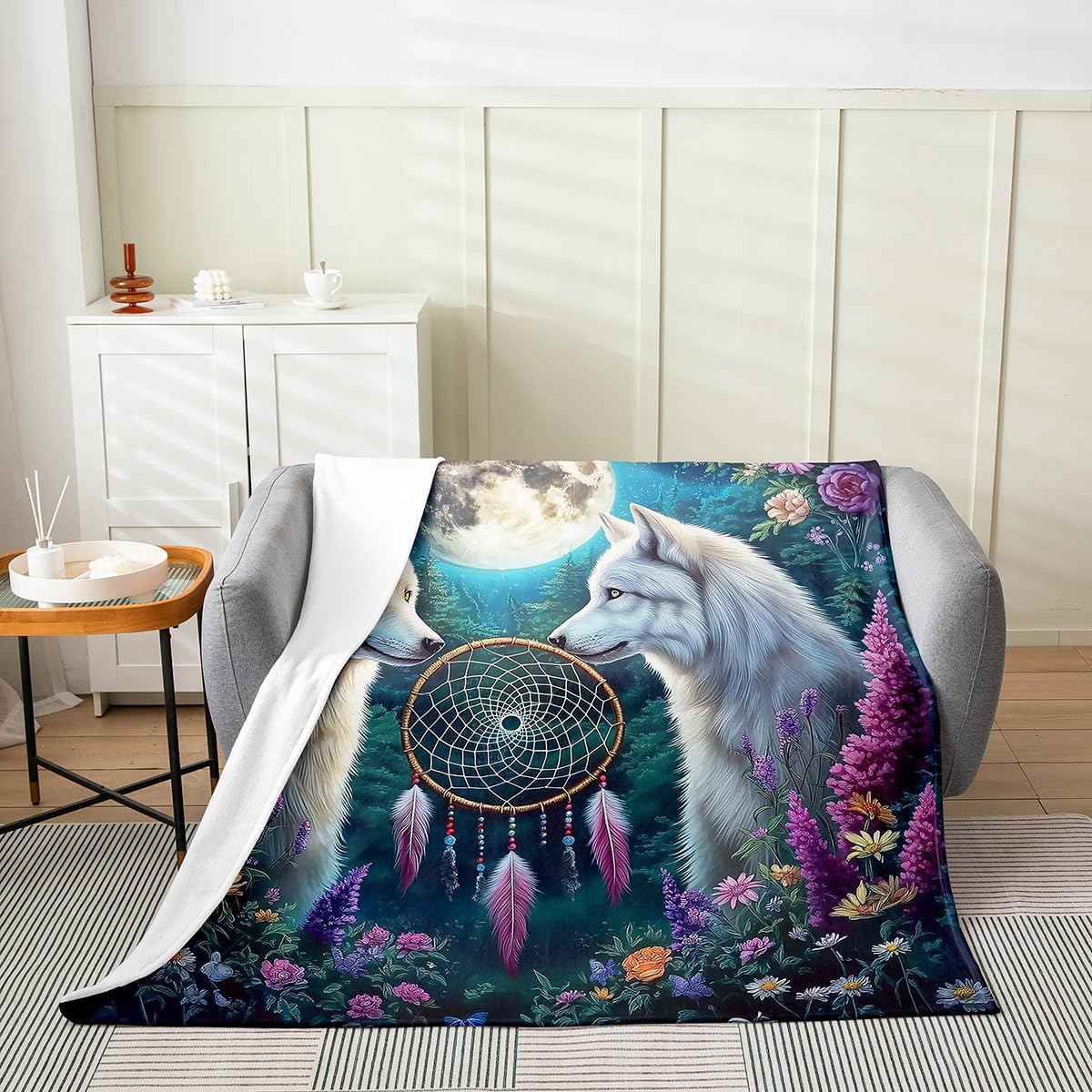 Wildlife Flannel Blanket Queen 90"x90" Warm Lightweight,Jungle White Wolf Bed Sofa Blankets for Kids Boys,Dream Catcher Boho Fuzzy Blanket,Animals Themed Breathable Blanket