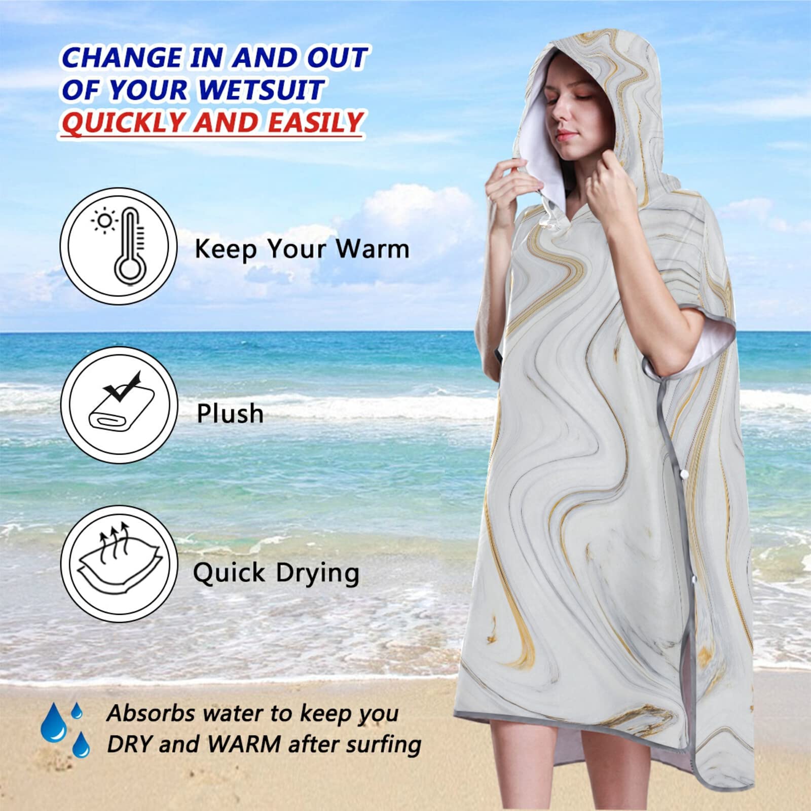 Poncho de surf pour adulte avec capuche et poche, séchage rapide, en microfibre pour bain, plage, extérieur