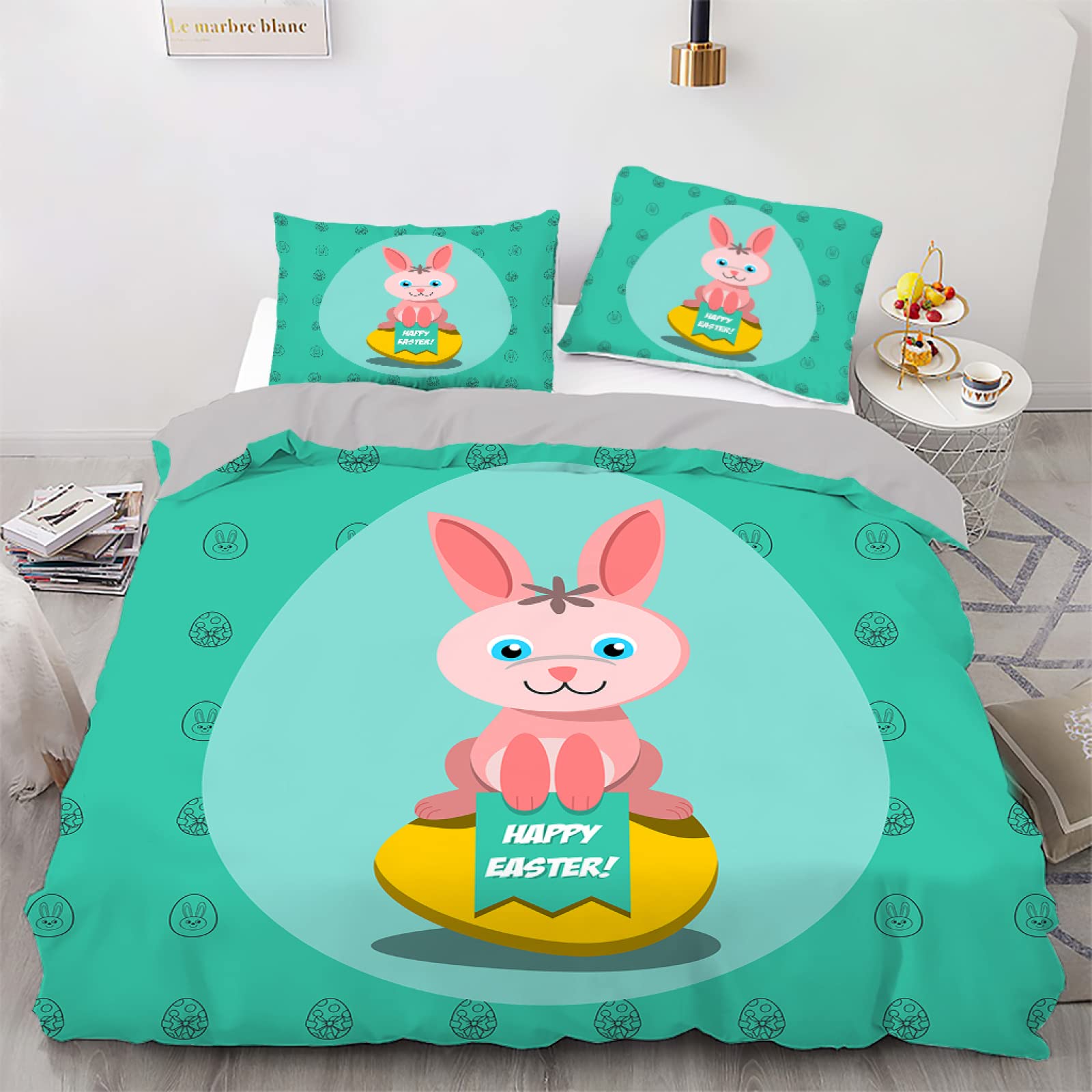 Parure de lit enfant 90x190 Pâques avec housse de couette en microfibre et taie