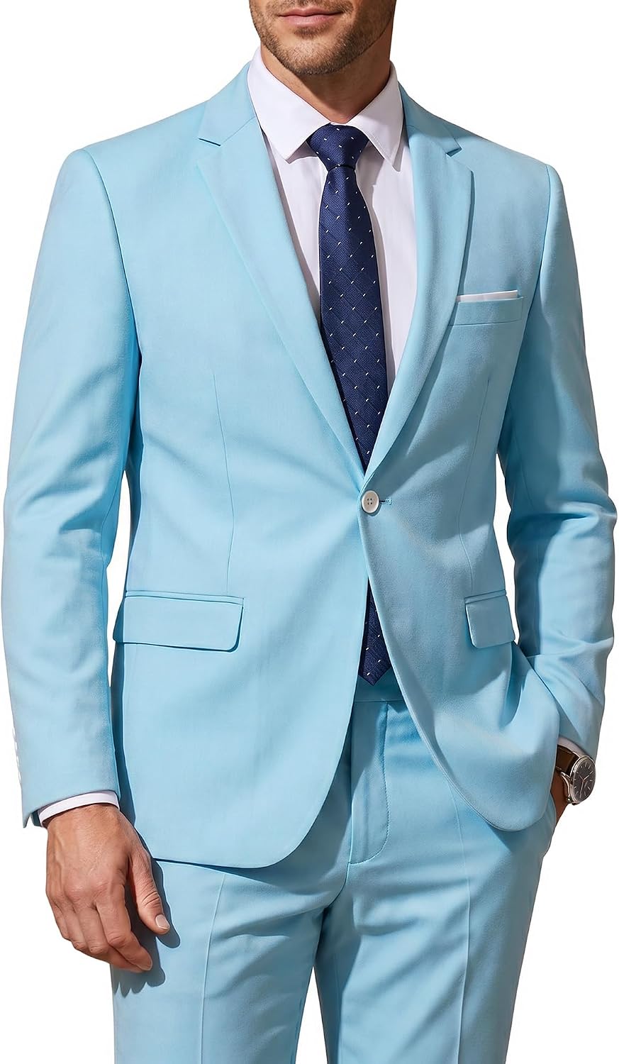 YND Men's 2 Piece One Button Suit, Slim Fit Jacket and Pants with Tie, for Business Weddings Party Proms