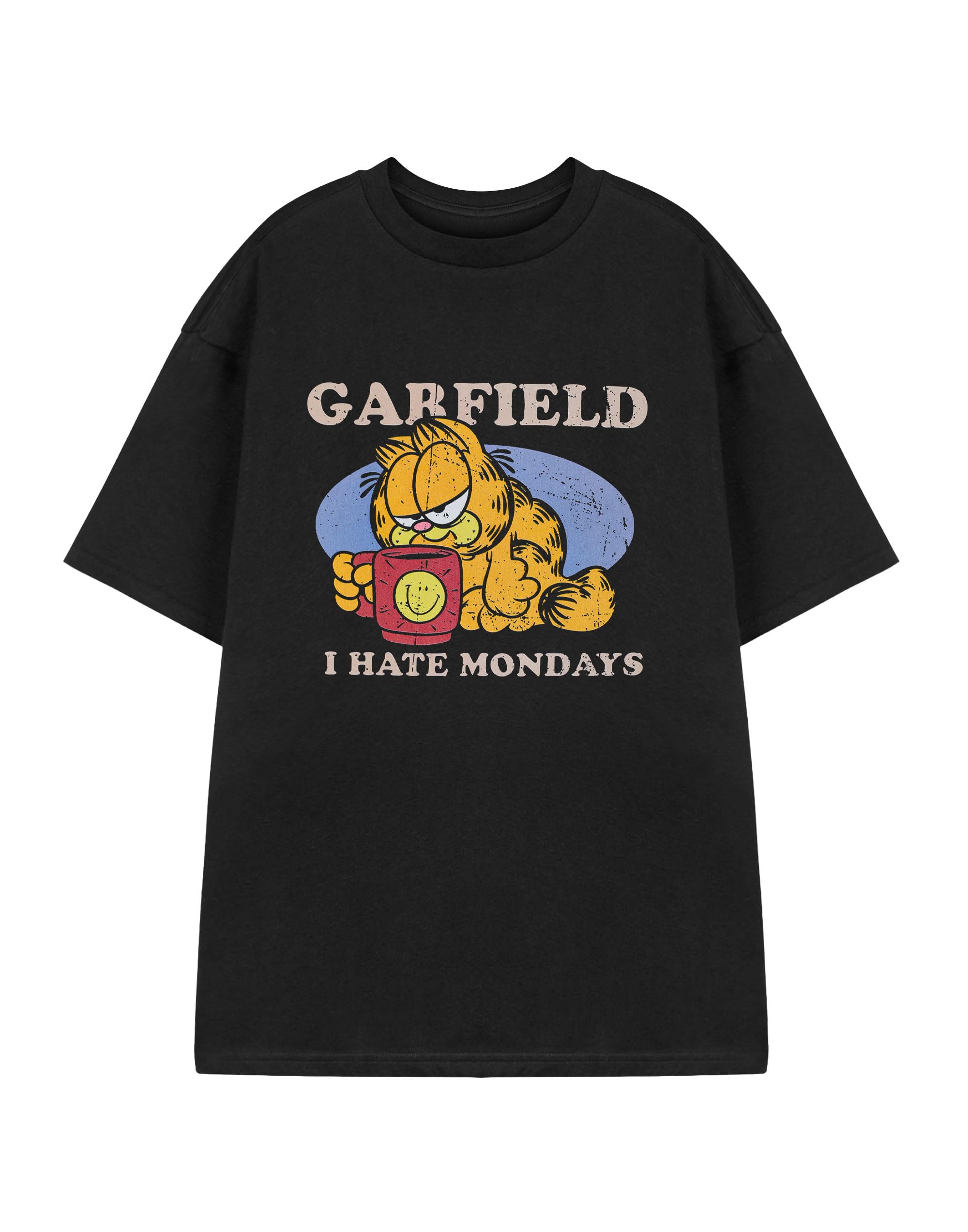 Garfield Men's Black Short Sleeve Tee | I Hate Mondays Character Graphic T-Shirt | Classic Cartoon Cat Apparel Top For | Retro Comic Strip Merchandise Gift
