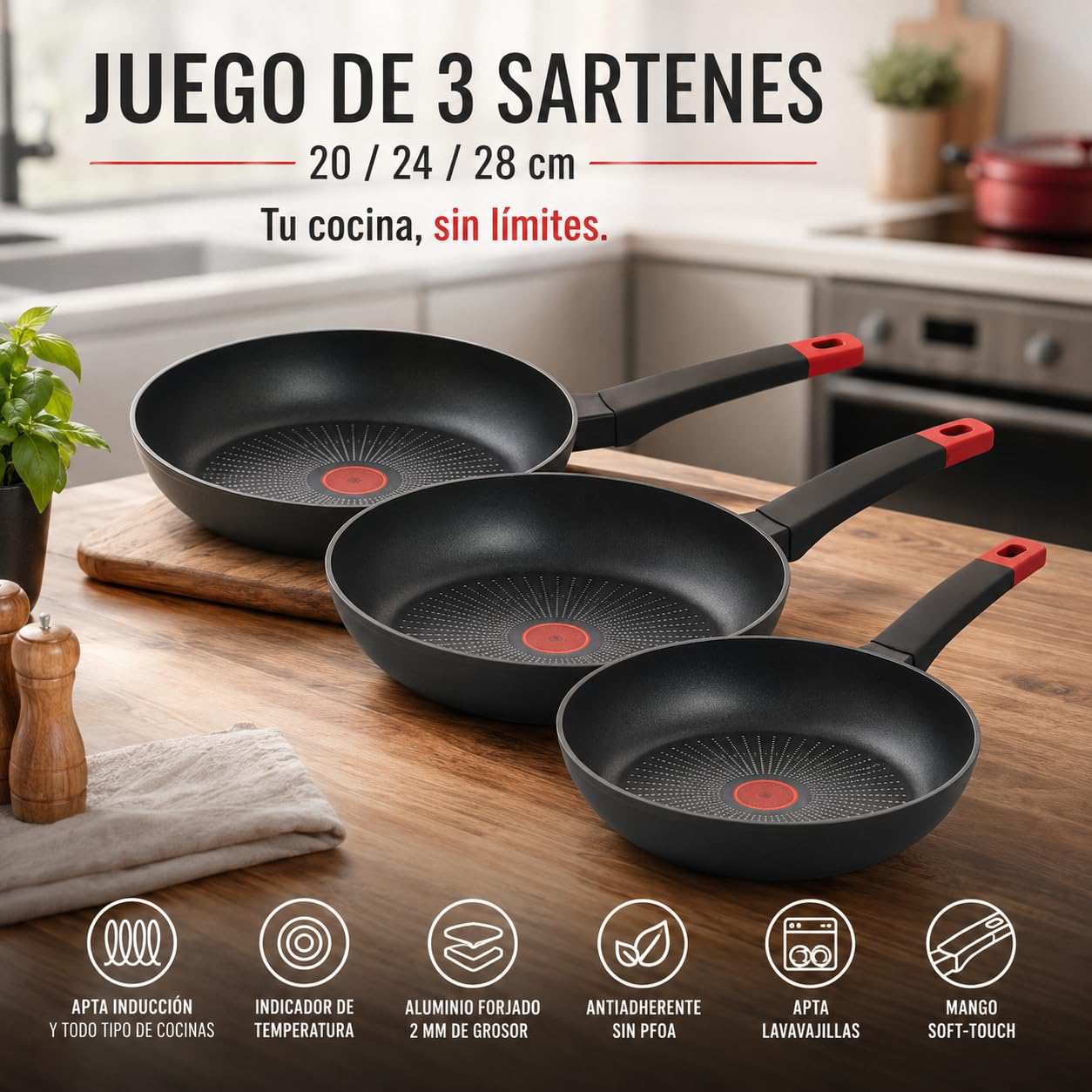 Juego de 3 Sartenes Antiadherentes 20, 24 y 28 cm para Inducción, Sin PFOA