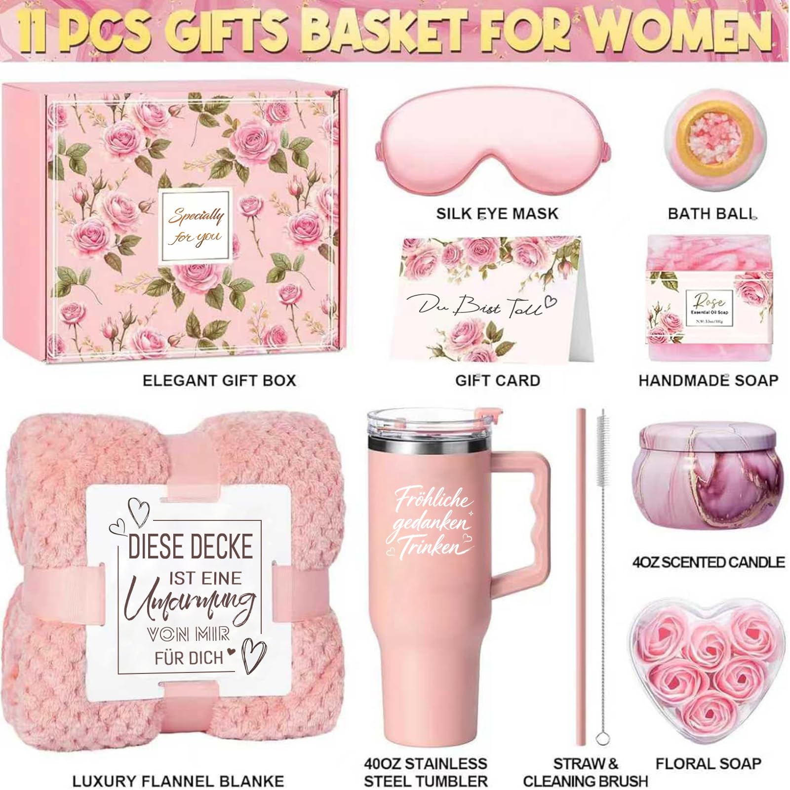 Geschenke für Frauen, Geburtstagsgeschenk für Frauen - 9tlg Rosenduft Geschenkset, Wellness Geschenke für Beste Freundin, Frau, Kollegin, Schwester zum Geburtstag