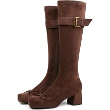 Womens Ballet Knee High Boots, Faux Suede Block Heel with Bow