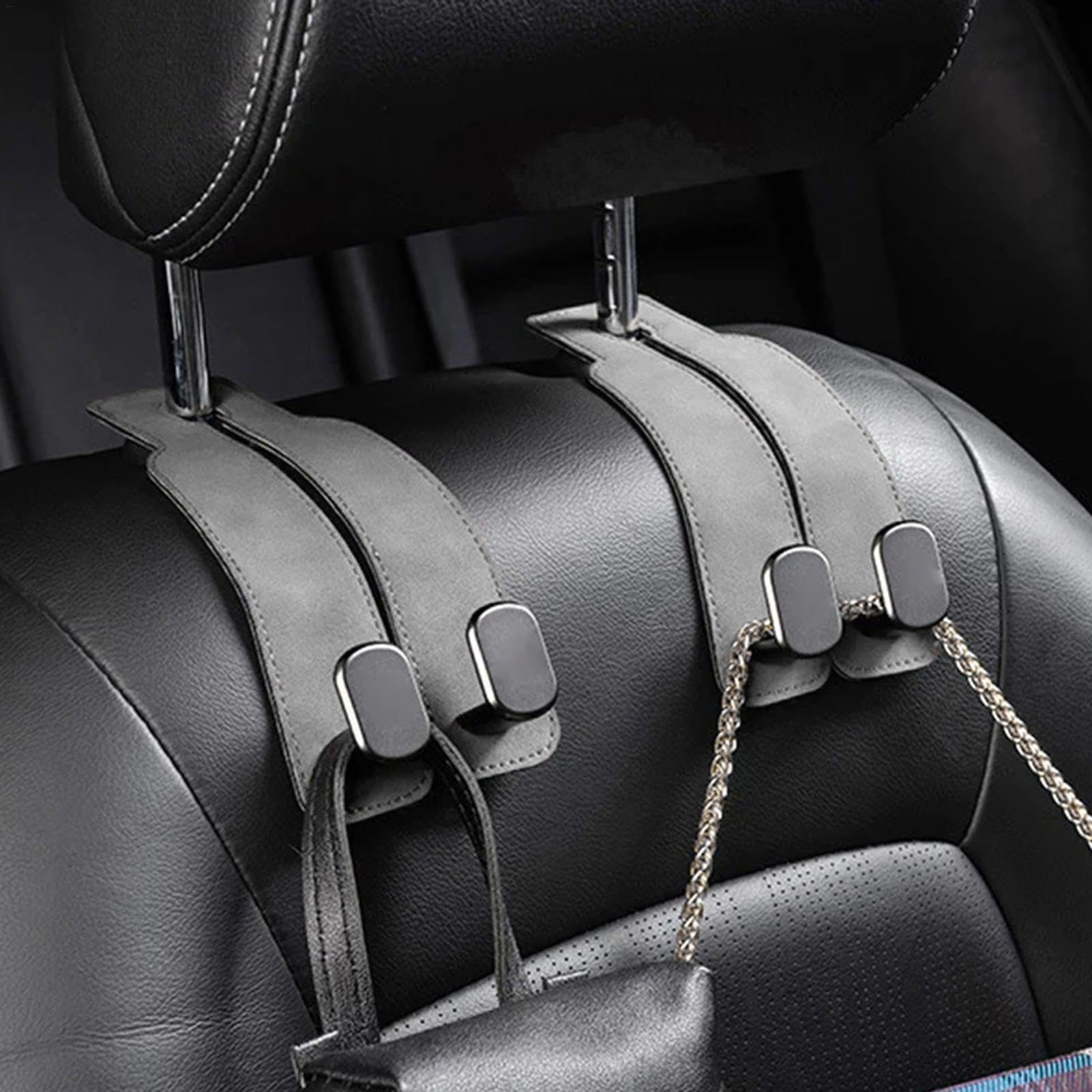 Car Seat Back Storage Hook 2-Pack Leather Car Seat Hooks - Double Headrest Hangers For Purses/Bags (Black) Car Headrest Hook