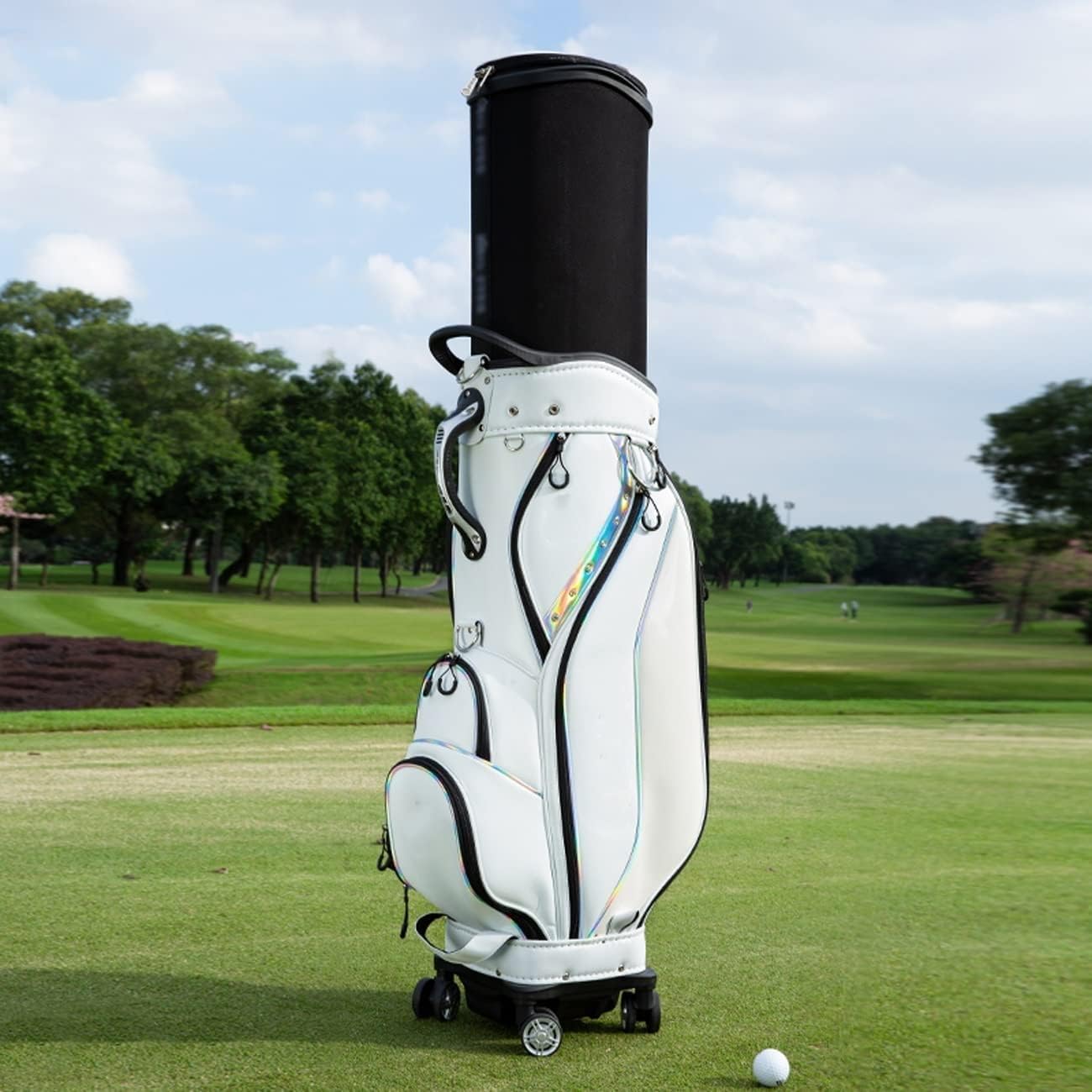 Golf Bag, Professional Golf Bag, Golf Stand Bag Travel Golf Club Bags for Men & Women, High-end Waterproof PU Leather Golf Cart Bag with 4 Universal Wheels (Grey : White)