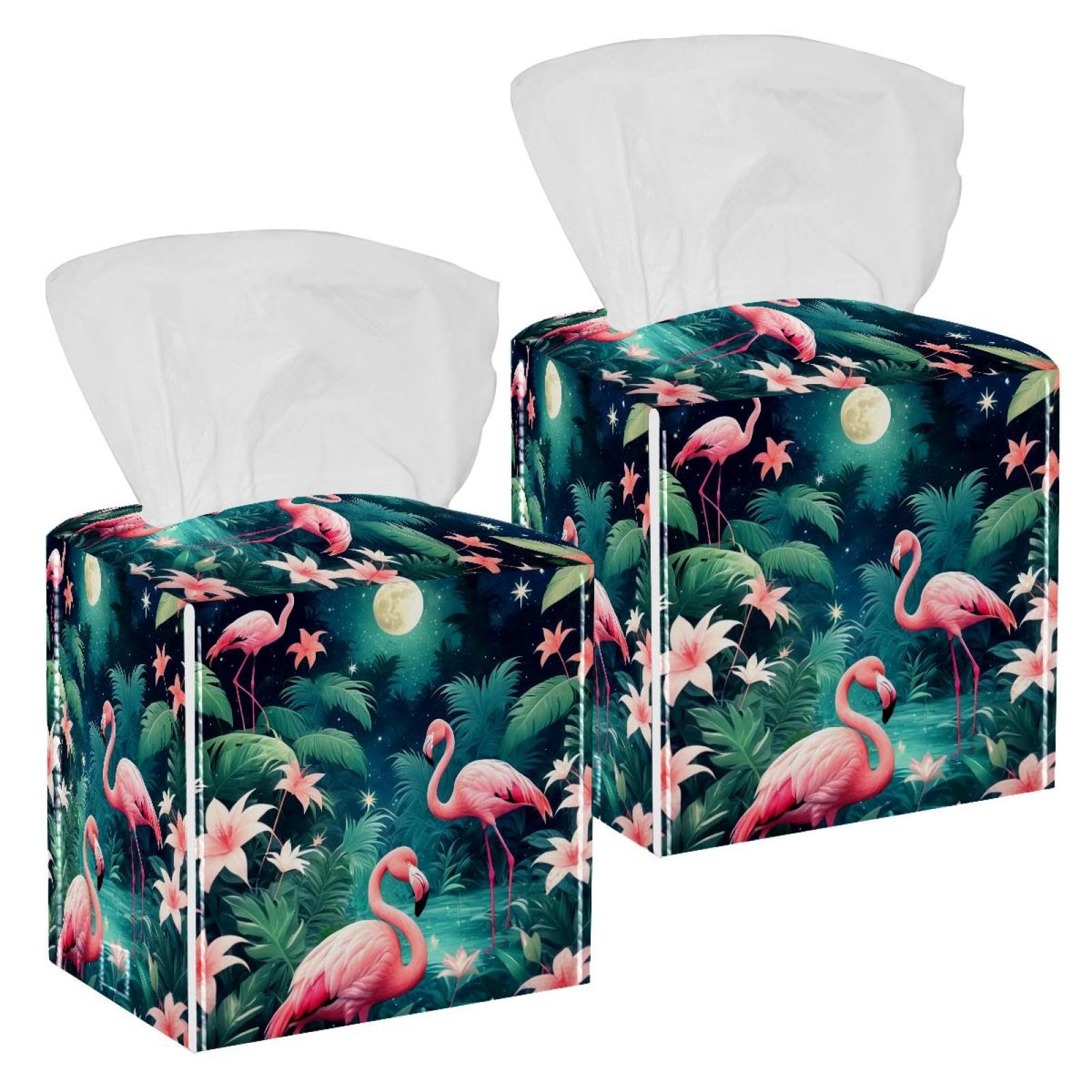 Flamingo Tissue Box Cover, 2 Pack PU Leather Square Facial Tissue Dispenser Box holder for Home Office Car