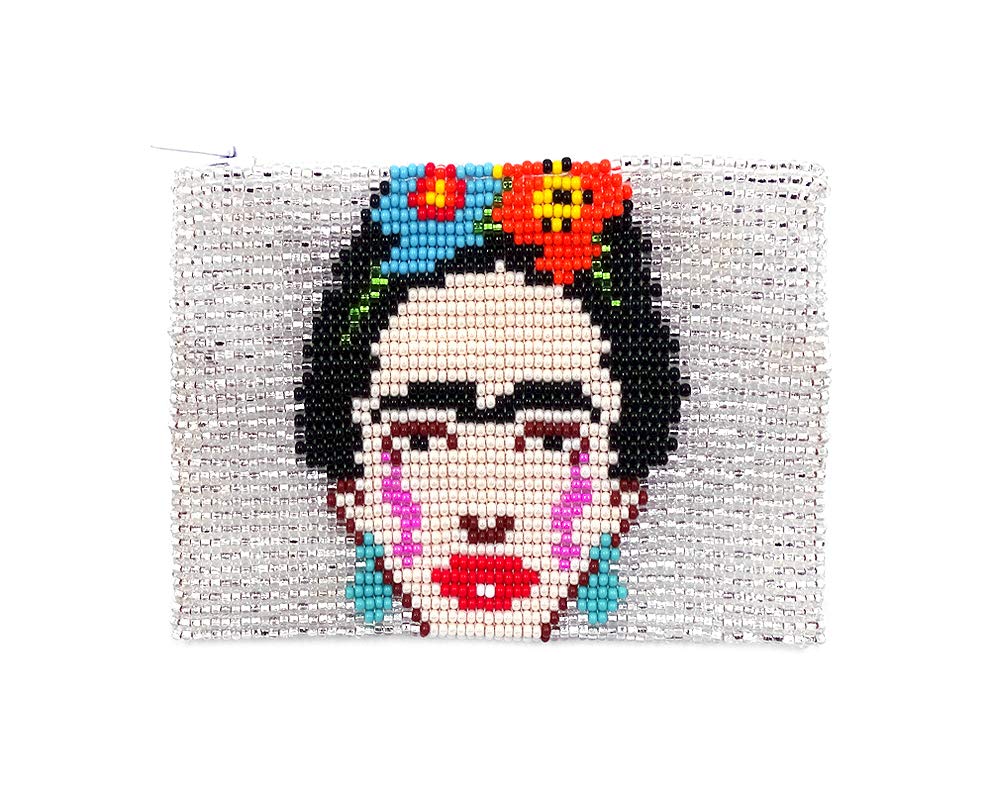 Frida Inspired Face Mexican Artist Czech Glass Seed Beaded Coin Purse Zipper Pouch - Womens Fashion Handmade Bags Boho Travel Accessories (White)