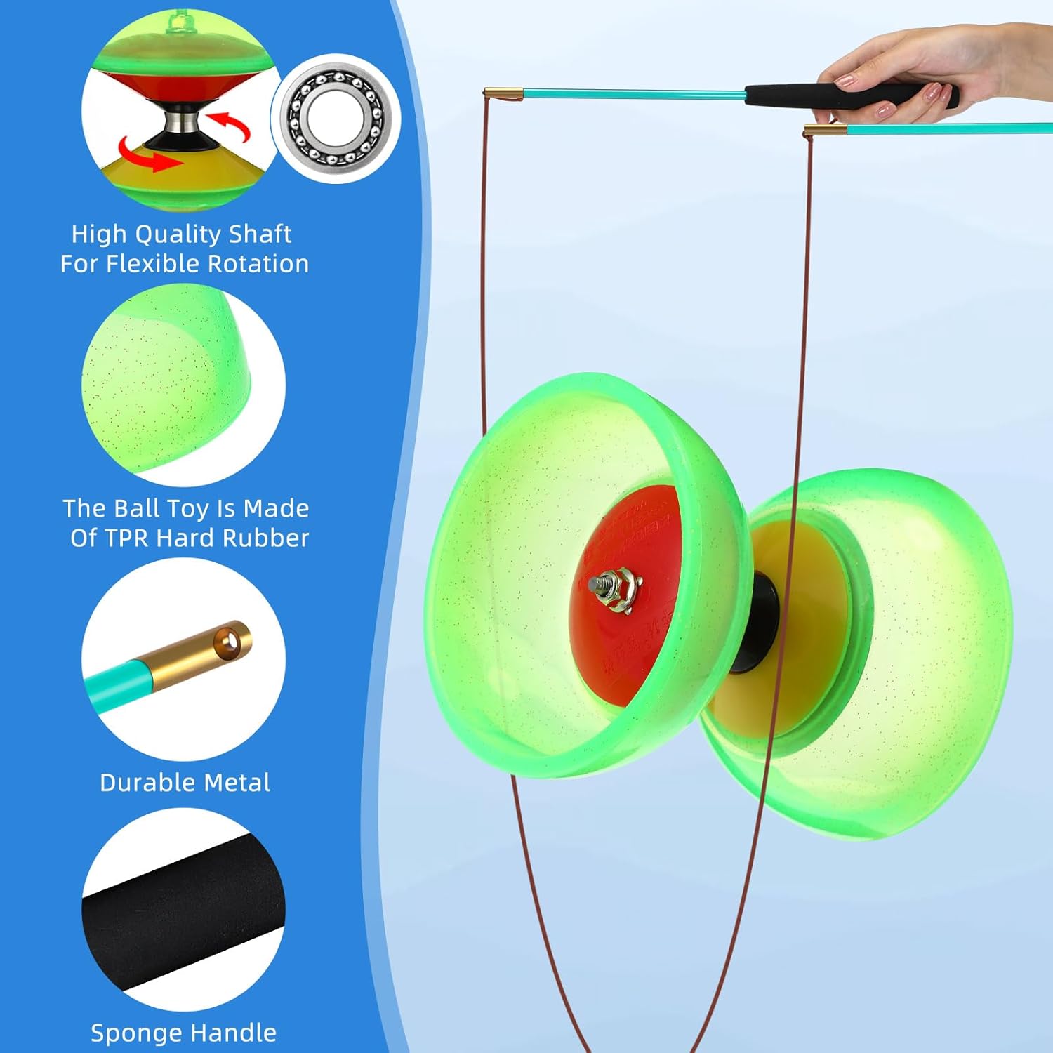 6 Pieces Chinese Diabolo Toy Set Includes 5 Inches Five Bearings Diabolo Ball Toys with 2 Pieces Alloy Diabolo Sticks 2 Pieces Ropes Drawstring Bag for Fun (Green)