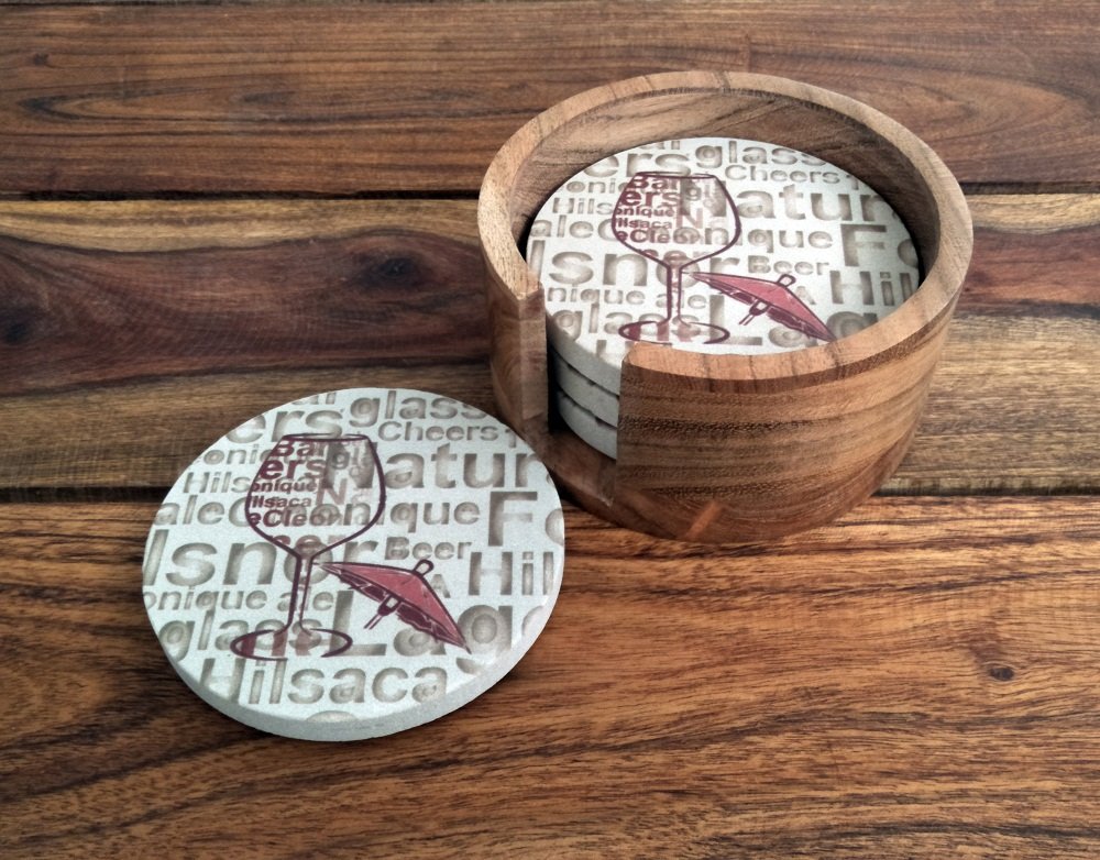 SANDSTERS Natural Sandstone Wine Printed Absorbent Beverage Coasters Set of 4Pcs with Acacia Wood Holder