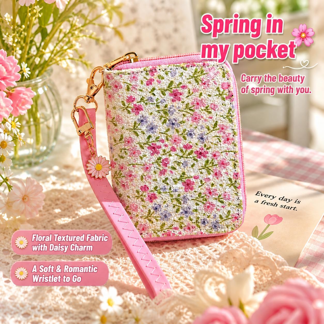 AACKS Flower Wallets with Strap Little Girls Flower Coin Pouch Small Cute Wallet for Teen Girls with Coin Pocket Cherry Fruit Wallet