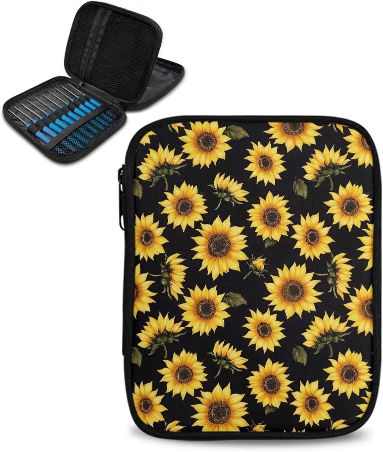 Noprintge Sunflower Print Crochet Hook Case, Zipper Storage Organizer Bag with Web Pockets for Crochet Needles and Knitting Accessories, Portable for Travel