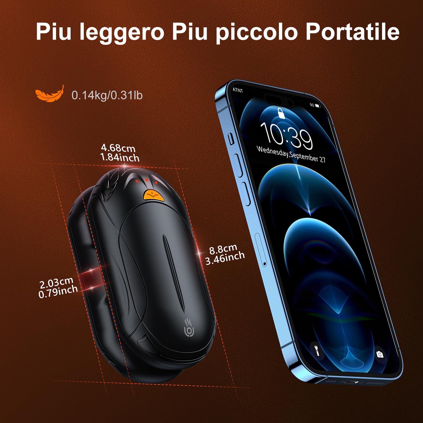 Scaldamani Elettrico 6000mAh, OUTJUT 2 Pezzi USB Scaldamani Ricaricabile Portatile con 3 Livelli di Riscaldamento, Ricarica Rapida per Caccia, Golf, Campeggio, Regali di Natale per Familiari