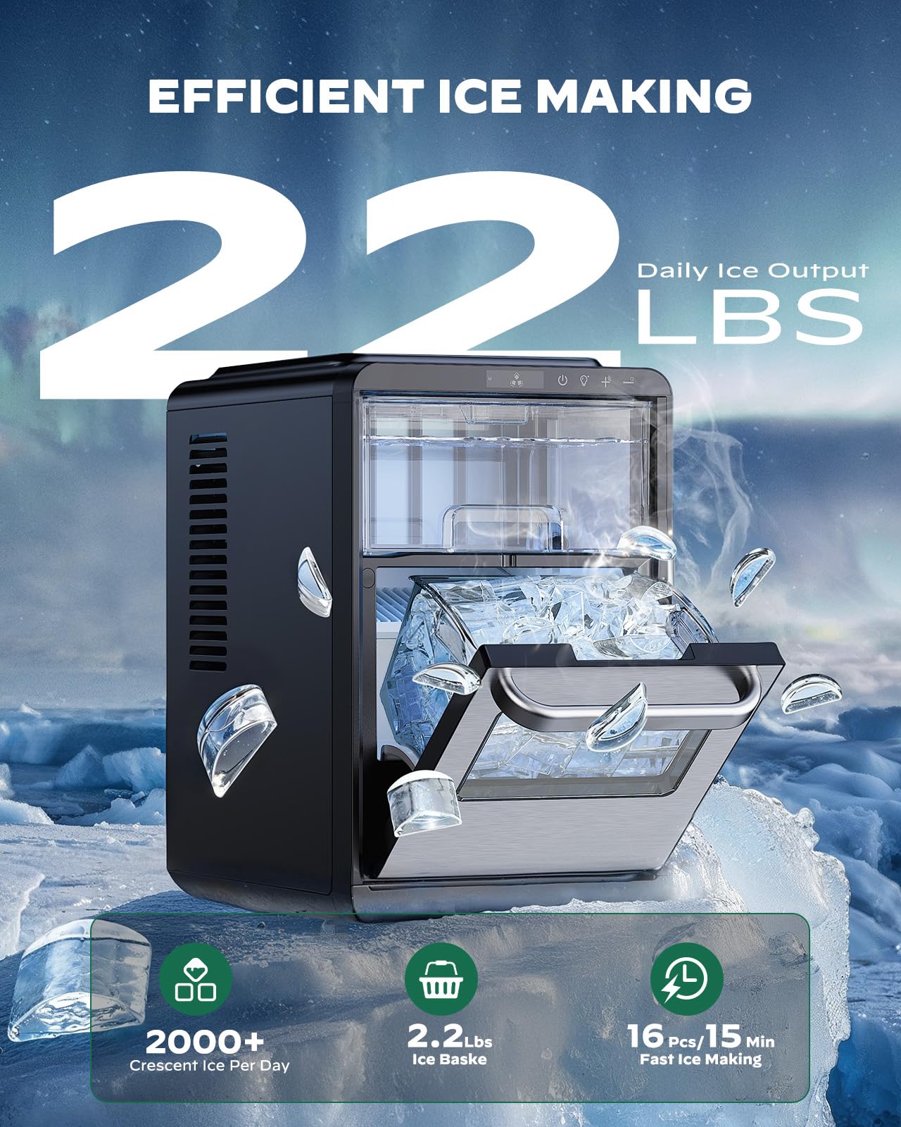 Silonn Crescent Ice Maker Countertop, Slow Melting & Crystal-Clear Ice, Self-Cleaning Ice Machine With Adjustable Ice Thickness & Timer Function, 16 Pcs In 15 Mins, 2000 Pcs Per Day on Fridge.com - View 2