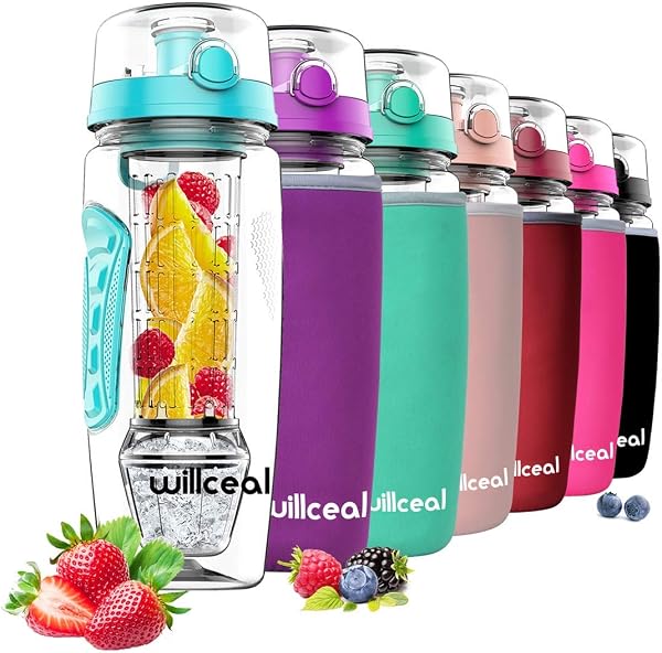 willceal Flacone di frutta infusore 32 once resistente con palla di gel di ghiaccio staccabile, grande - Tritan senza BPA, coperchio a vibrazione, design a prova di perdite - Sport, campeggio (Teal) - 1