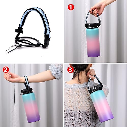 Miniatura 4 de Wongeto Correa de hombro con mango de paracord, compatible con botellas de agua Hydro Flask de boca ancha de 12 a 64 onzas (no compatible con el