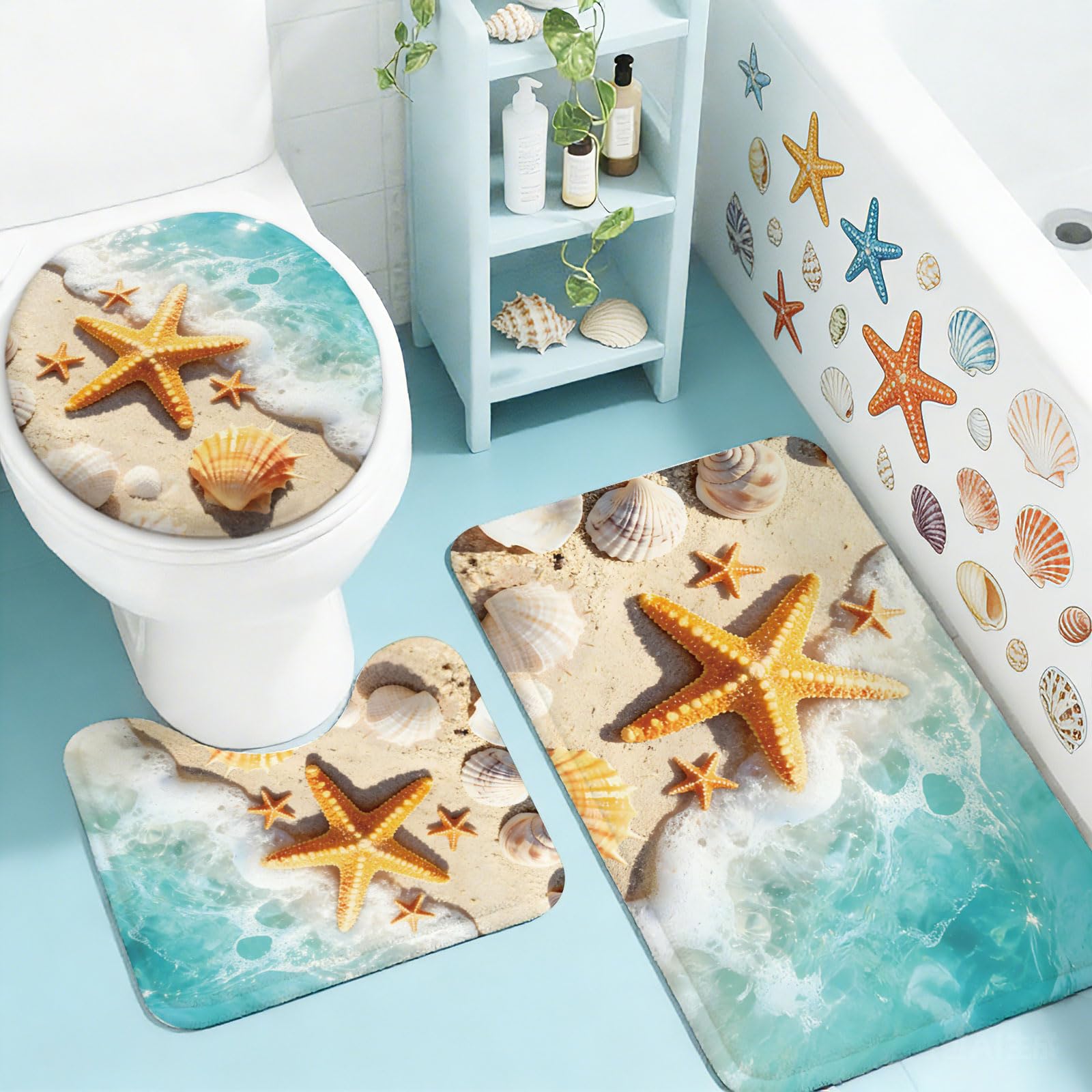 peacoblue Set di 3 tappetini da bagno con stelle marine e conchiglie
