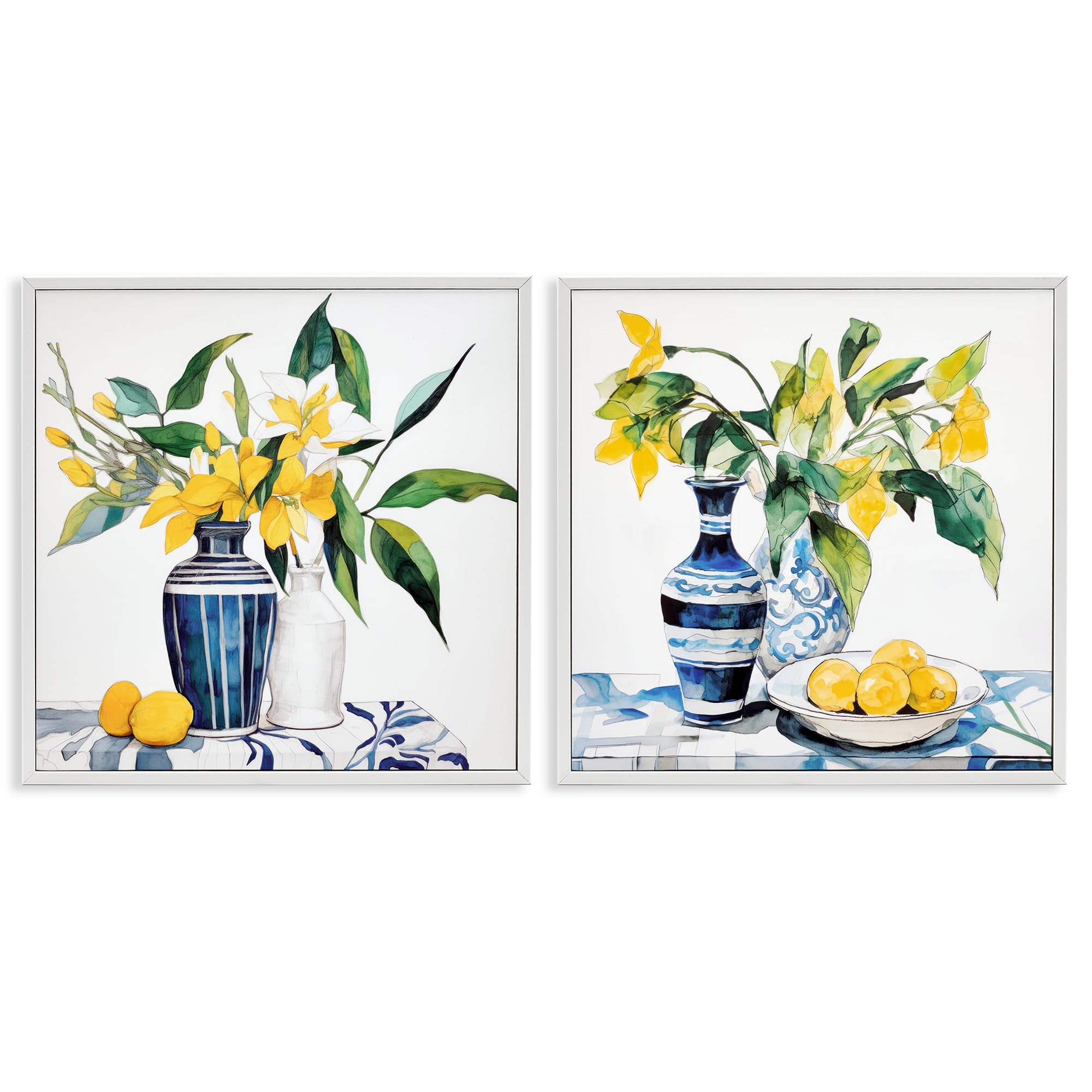 'Lemon Blooms Table Setting'| 2pc Framed Giclee Art Set 2