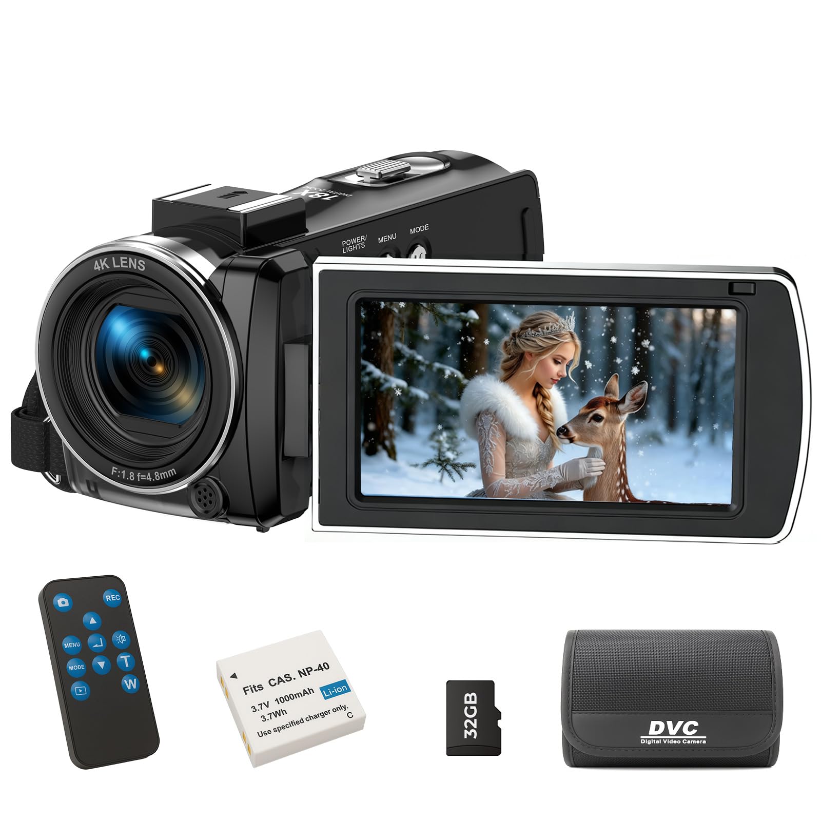 4K UHD Camcorder Video Camera - 64MP YouTube Vlogging Camera with 3" 270° Flip S