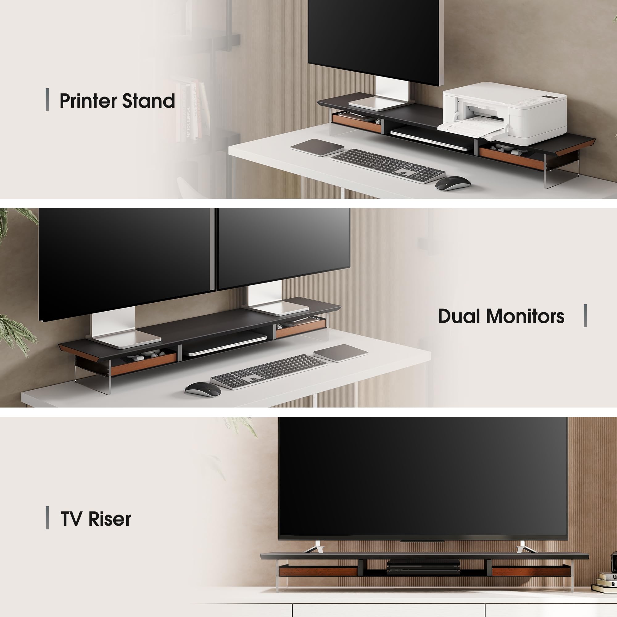 Fenge Supporto Monitor Scrivania Acrilico, 108 x 23 x 12,9 cm, Rialzo 2 Monitor 27 Pollici e 35kg, con Cassetti in Legno Massello, Organizer, Porta PC per Computer, Laptop, Stampante TV (Nero)