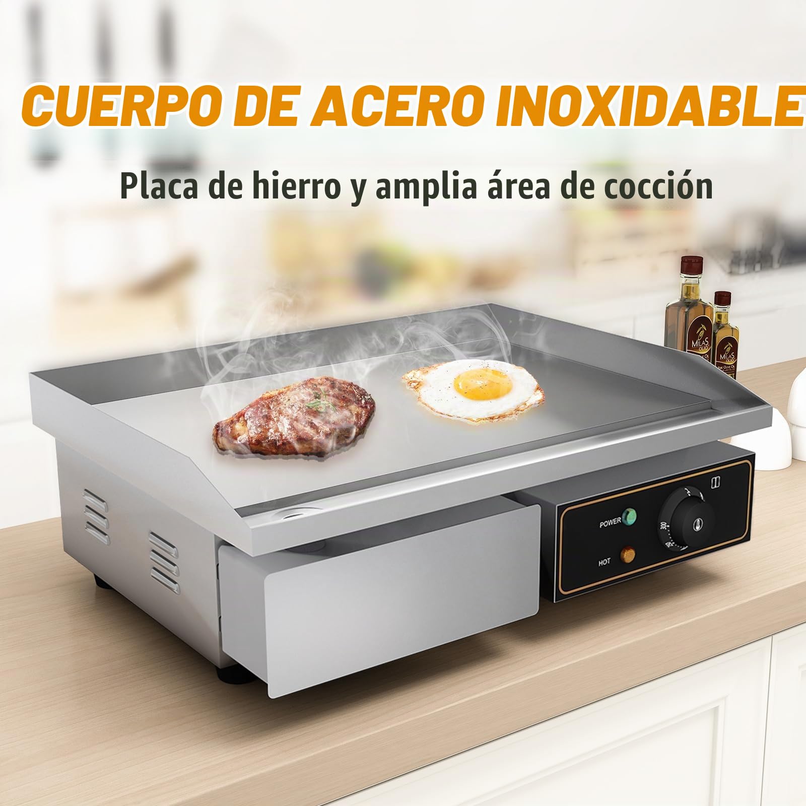 Plancha Eléctrica Pro Plancha de Hierro Fundido,220-240V 3000W 55cm × 35.5cm Control termostático de 50 a 300 °C,18.5kg antisalpicadura,Acero Inoxidable