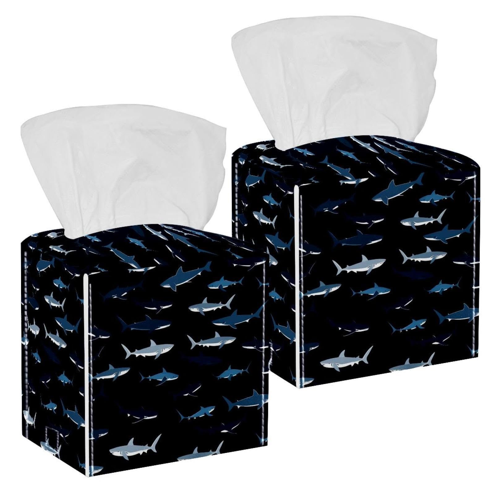 Cartoon Sharks Tissue Box Cover, 2 Pack PU Leather Square Facial Tissue Dispenser Box holder for Home Office Car