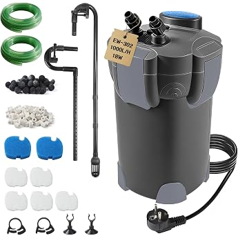 EXLECO External Filter Aquarium 1000L/H 18W Filter for Aquariums Adjustable Aquarium Filter Powerful 3 Stage Canister Filter for Aquarium up to 300 L Chamber Filter with Filter Material Hose Black