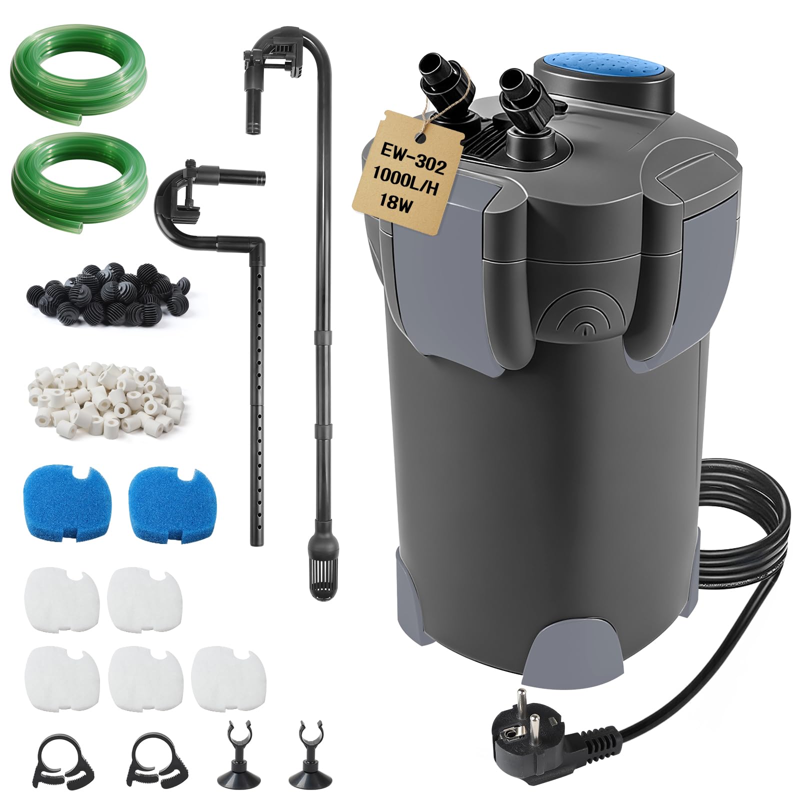 EXLECO Filtro Esterno Acquario 1000L/H 18W Pompa Filtro Acquari Regolabile, Filtrazione a 3 Stadi Filtri Acquario Esterni con Materiale Filtrante e Tubo Aria per Acquari Fino a 300 Litri Nero