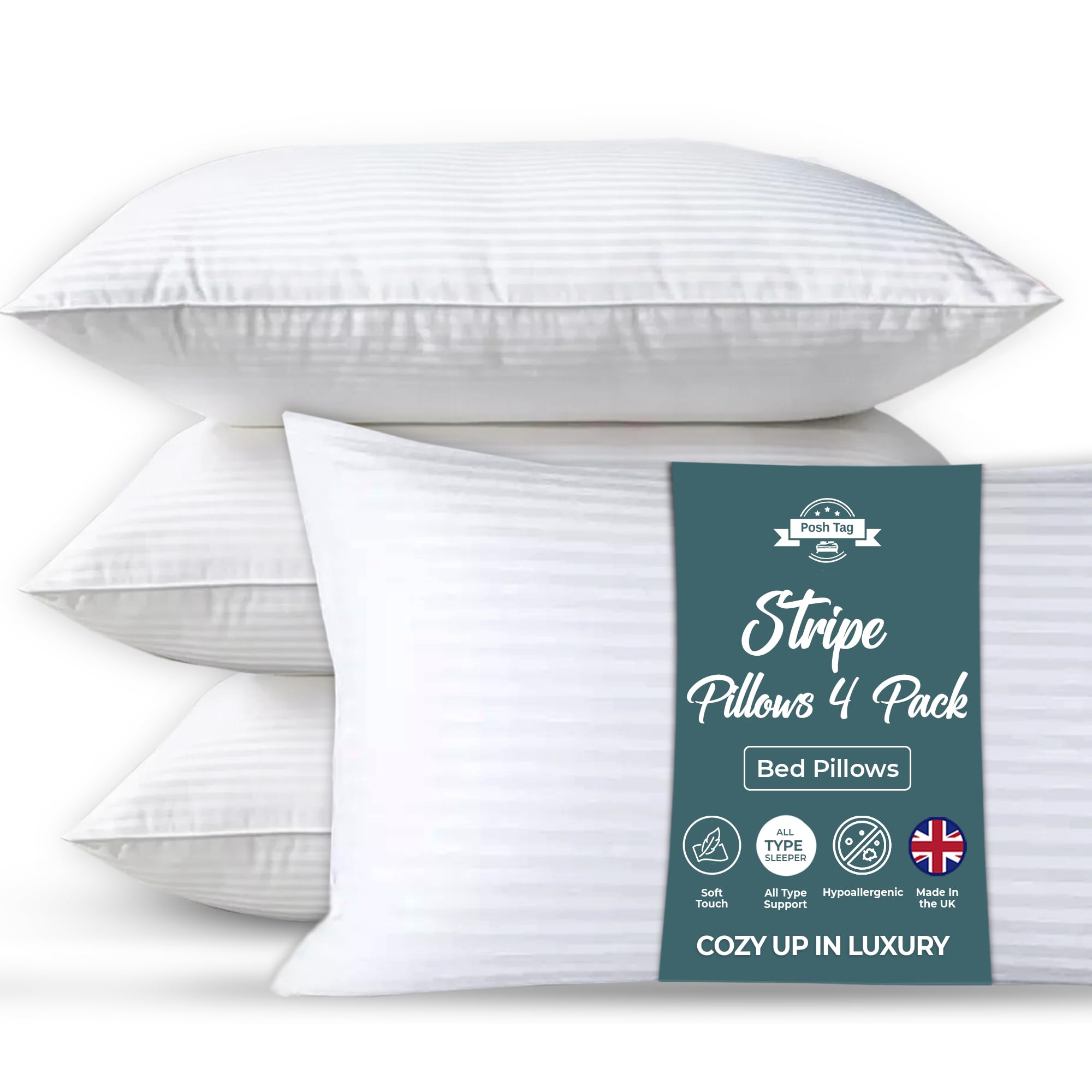 Posh Tag Stripe Pillows 4 Pack – Hollow Fiber Filled Hotel Quality, Comfortable & Breathable Bed Pillows 48x74 cm, Soft & Firm Hypoallergenic Anti-Allergy Support for Neck Pain, Luxury 4 Pack Pillows