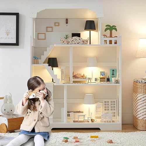 Miniatura 5 de Estantería de madera para casa de muñecas, 3 niveles para niños, para libros y juguetes, organizador de almacenamiento, casa de muñecas grande para