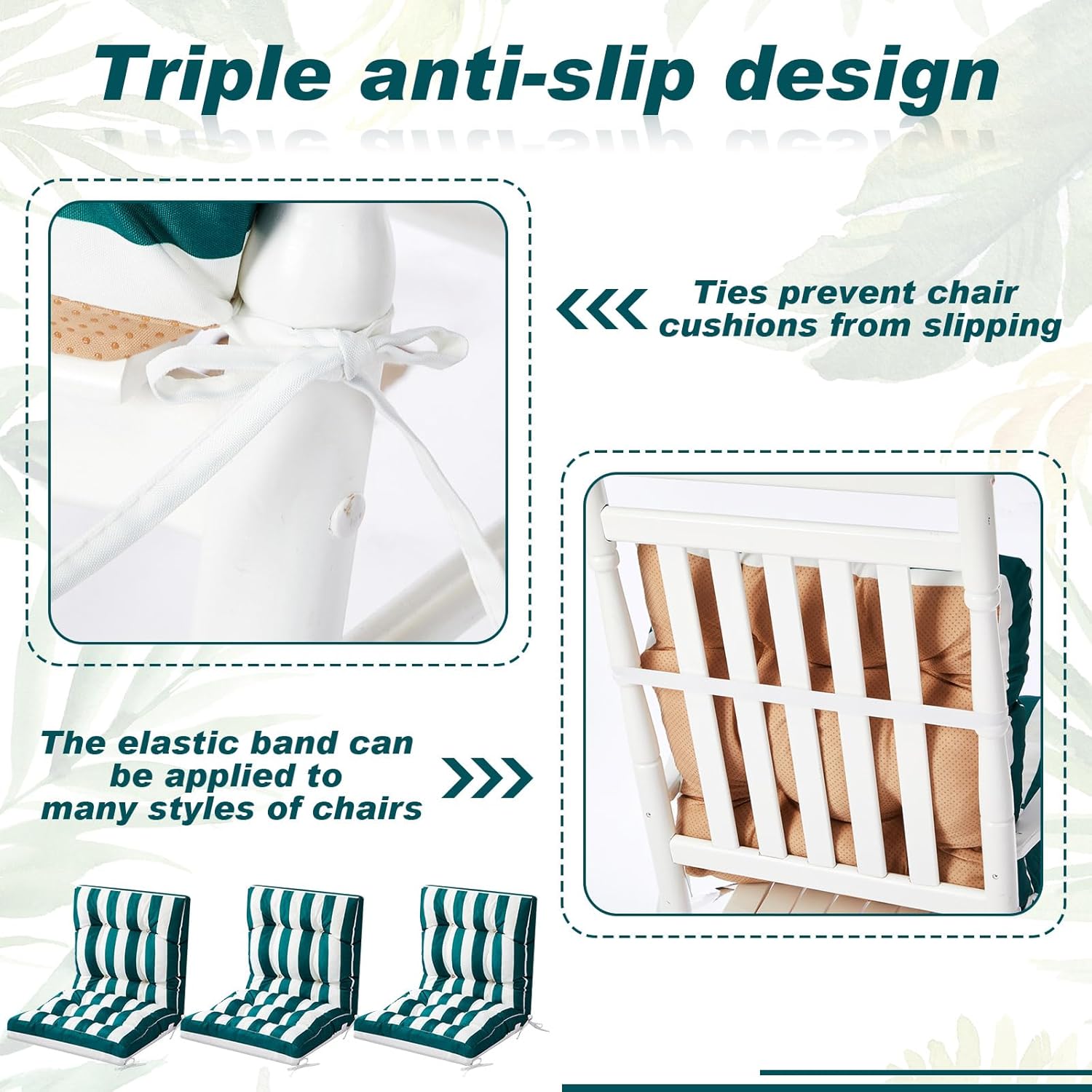 Hoteam 4 Set Green and White Striped Patio Chair Cushions Outdoor High Chair Cushion Sunscreen Resistant 20 x 40 Inch Set of 6 or 4 Waterproof Outside Patio Seat Rocking for Furniture Thickened Pad