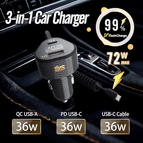 Miniatura 2 de Cargador de coche retráctil de 72 W para iPhone 17 16 15 Pro Max, cargador de coche USB C 3 en 1 carga rápida con cable en espiral, adaptador de