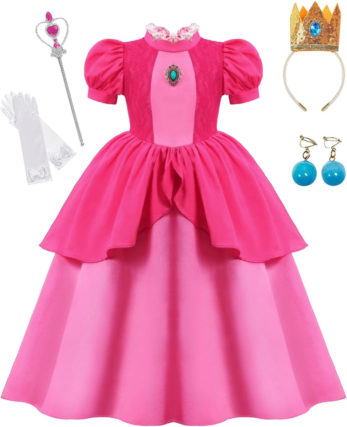 Princess Peach Costume Girls - Complete with Crown, Wand, Earrings ＆ Gloves - Halloween Costumes for Kids