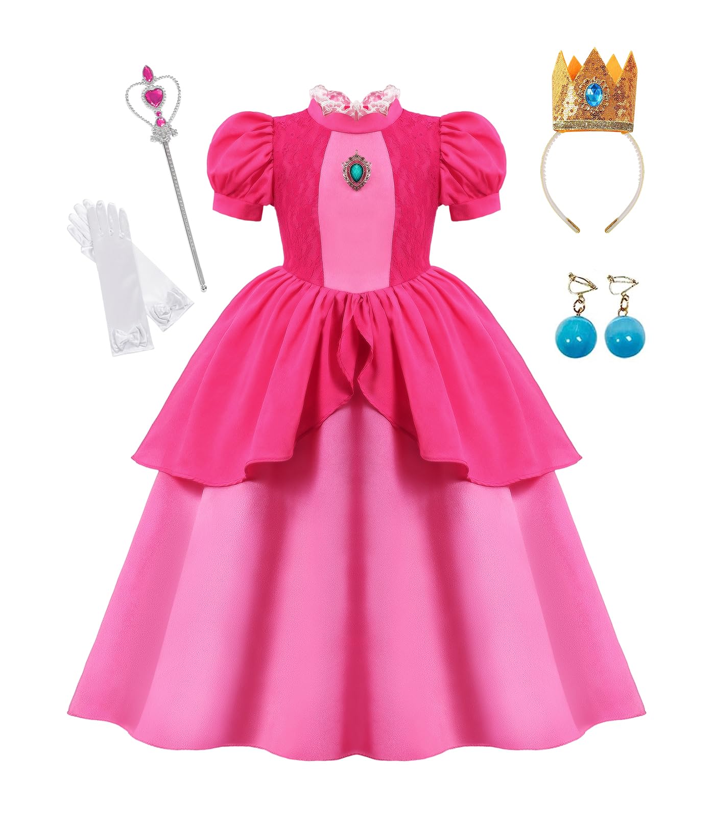 Mcgeeney Princess Peach Costume Girls - Complete with Crown, Wand, Earrings & Gloves - Halloween Costumes for Kids