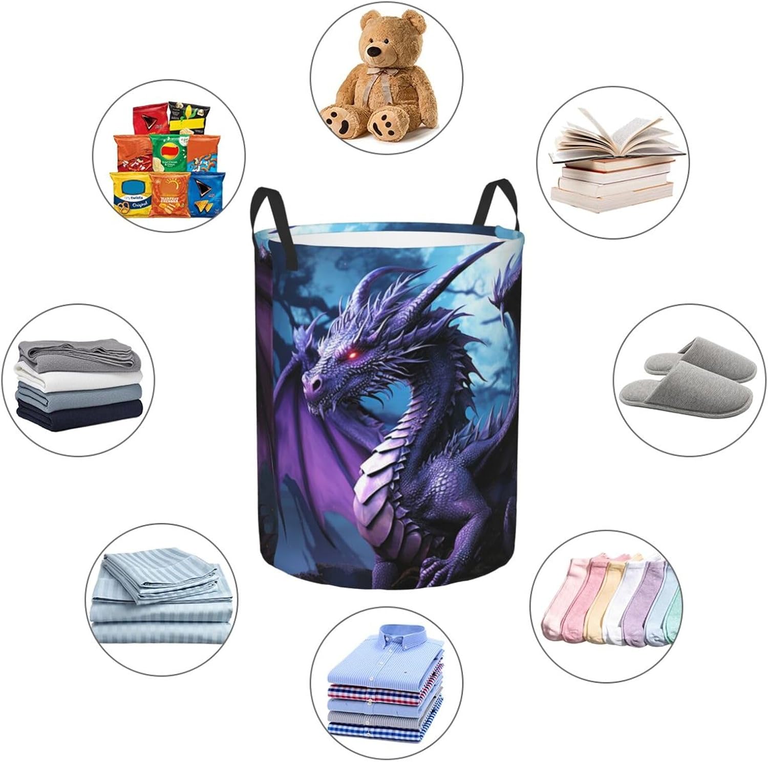 Laundry Hamper Round Laundry Basket with Handles Purple Dragon Purple Moon Laundry Hampers Waterproof Circular Hamper for Bathroom Storage Basket Dirty Clothes Hamper for Dirty Clothes