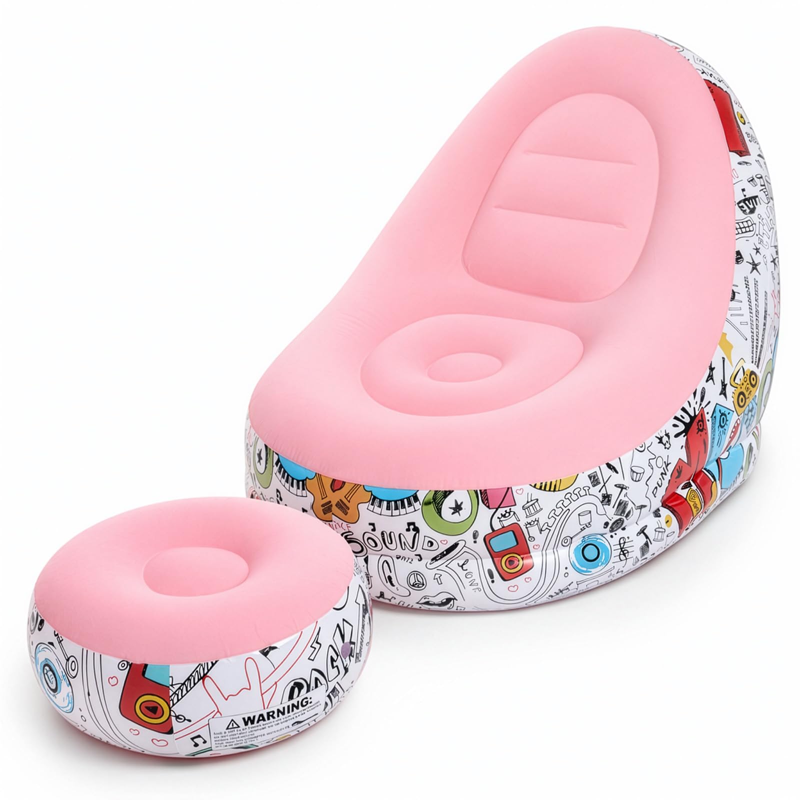 EVERGOODS Inflatable 2-Piece Deluxe Lounger 118x80x94cm Inflatable Lounge Chair with Ottoman, Oversized Air Chair Sofa for Adults Indoor Outdoor Patio Pool Beach Camping Lounger (Pink)