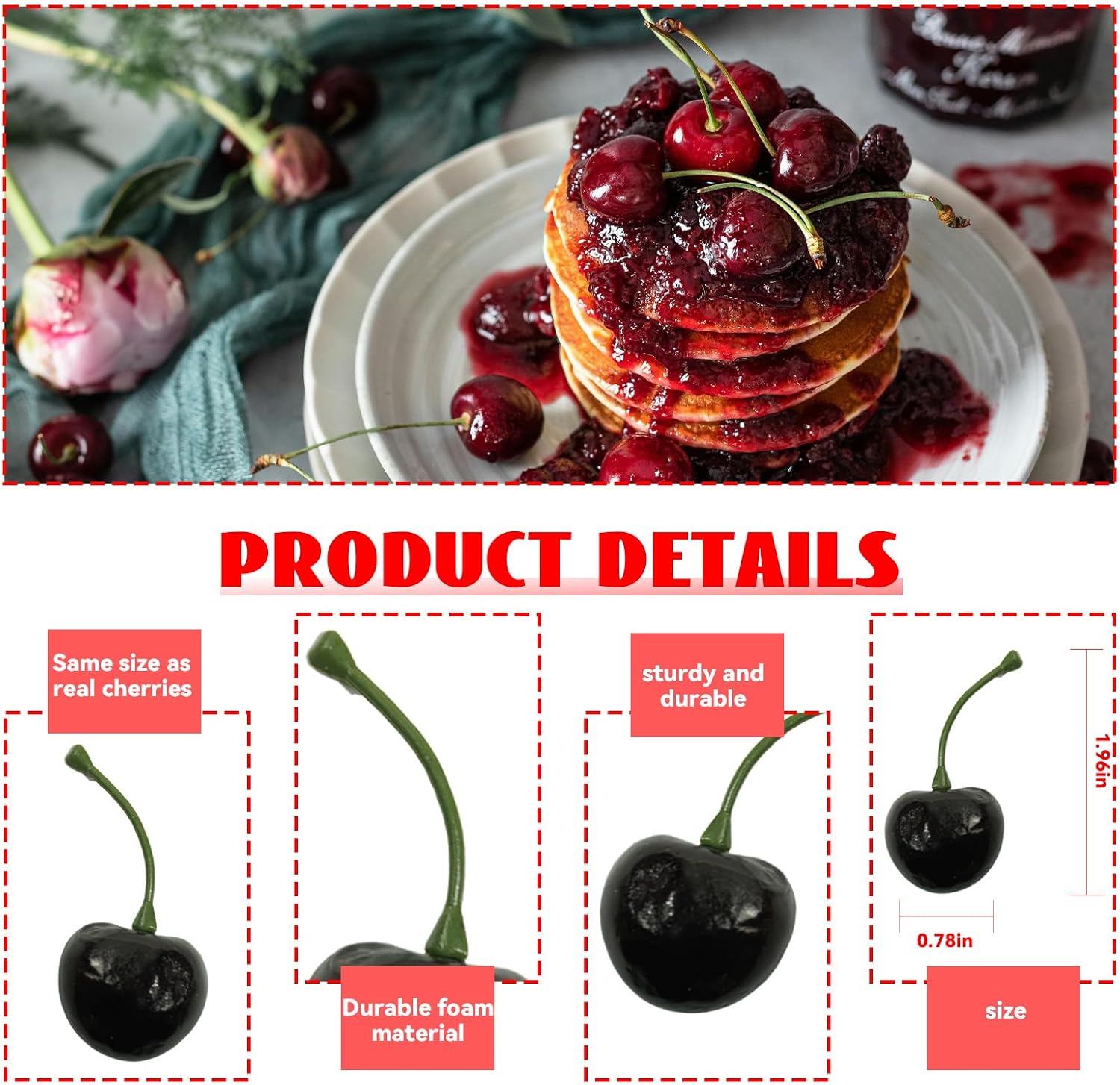 30pcs Artificial Cherries, Fake Cherry Bulk Faux Fruit Model Decoration Lifelike Fruit Cherry Ornament for Home Kitchen Party Decor Desk Centerpieces Photography Display Prop(Mix Set & Single)