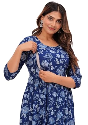 Jikonet Stylish Women's Maternity Breastfeeding Kurti with Zippers Pocket, Comfortable Maternity Wear, (X-Large, Blue)
