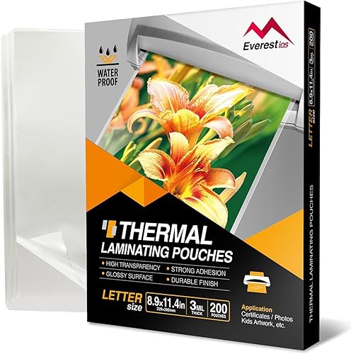 Everest Thermal Laminating Sheets, 8.9 x 11.4 Inches, 3 Mil Thick, 100200 - Pack, Non-Toxic Material and Adhesive, Letter Size Laminated Pouches for