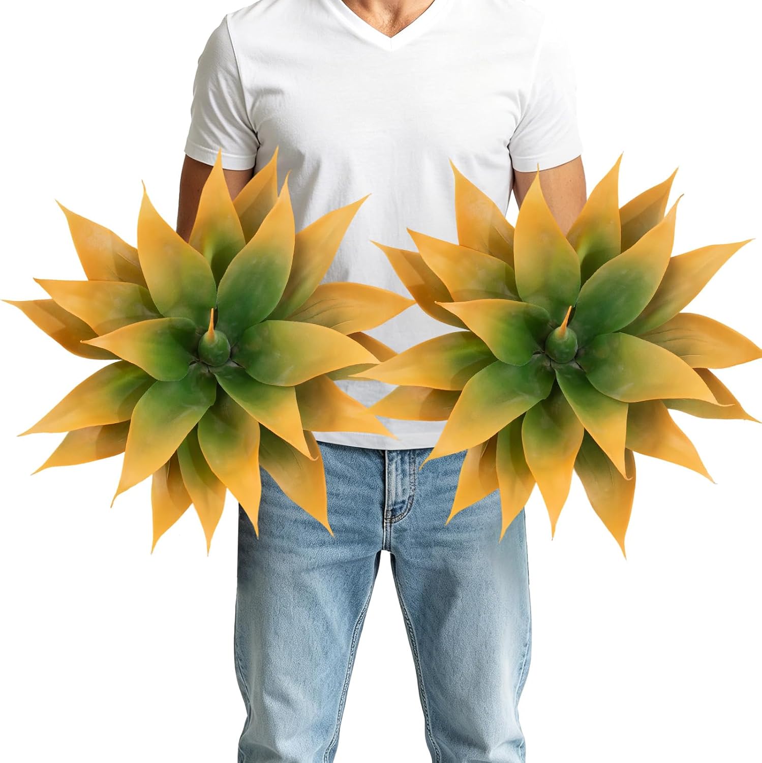 2Pack Fake Agave Plants 18 Inch Large Artificial Succulents Realistic UV Resistant Faux Aesthetic Plants for Outdoors Tropical Plant Greenery for Home Garden Front Porch Decor - 21Leaves, Yellow