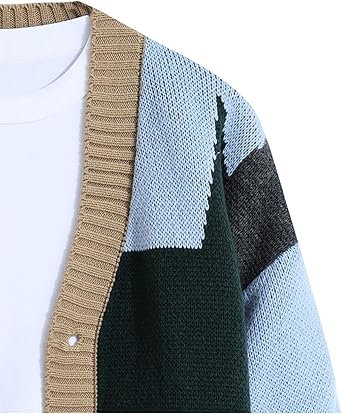 GURUNVANI Men's Colorblock Cardigan Sweater Thick Knit Button Front Vintage