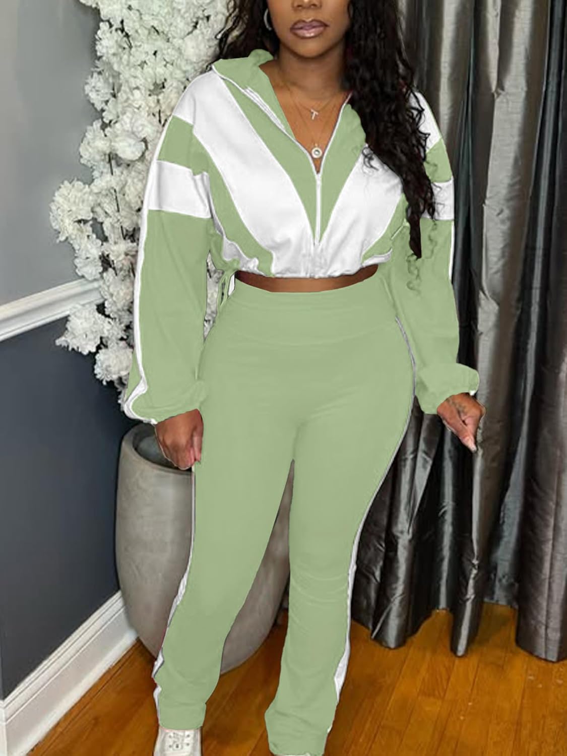 Women 2 Piece Outfit Long Sleeve Zip Up Crop Jacket High Waist Stretchy Pants - Image 2