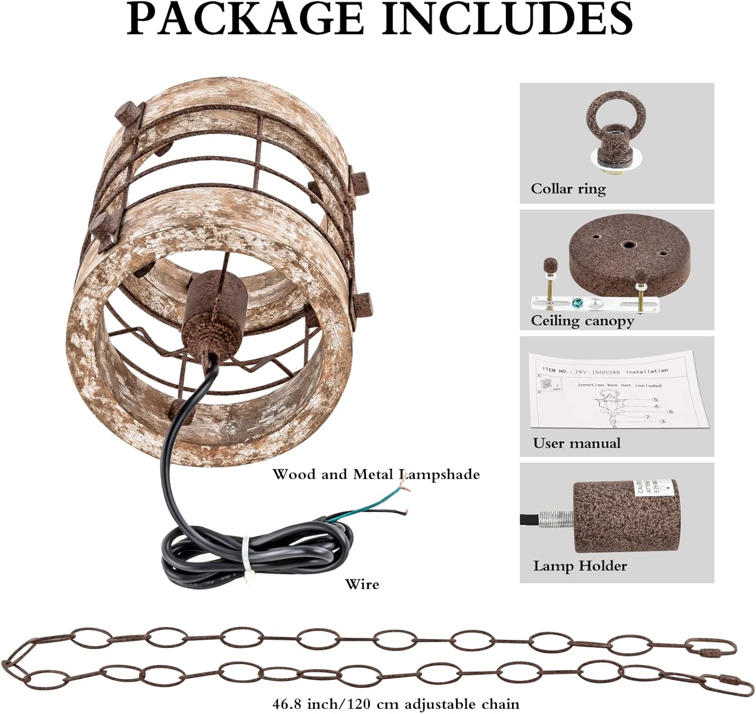 Retro Industrial Metal and Wood Chandelier 1-Light Round Cage Pendant Light Fixture for Kitchen Island Foyer Hallway Bar Dining Room Restaurant, D 7.8" x H 8.58" (White Brown)