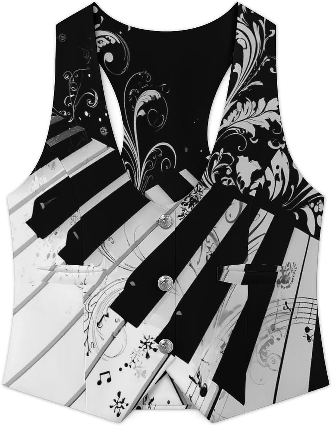 Piano Keys Music Note Women's Suit Vest Top Button Blazer 5XL | V-Neck,Wasitcoat,with Pockets,Sleeveless Jackets,Business Dress,Slim Fit,for Work Office,Dressy Casual