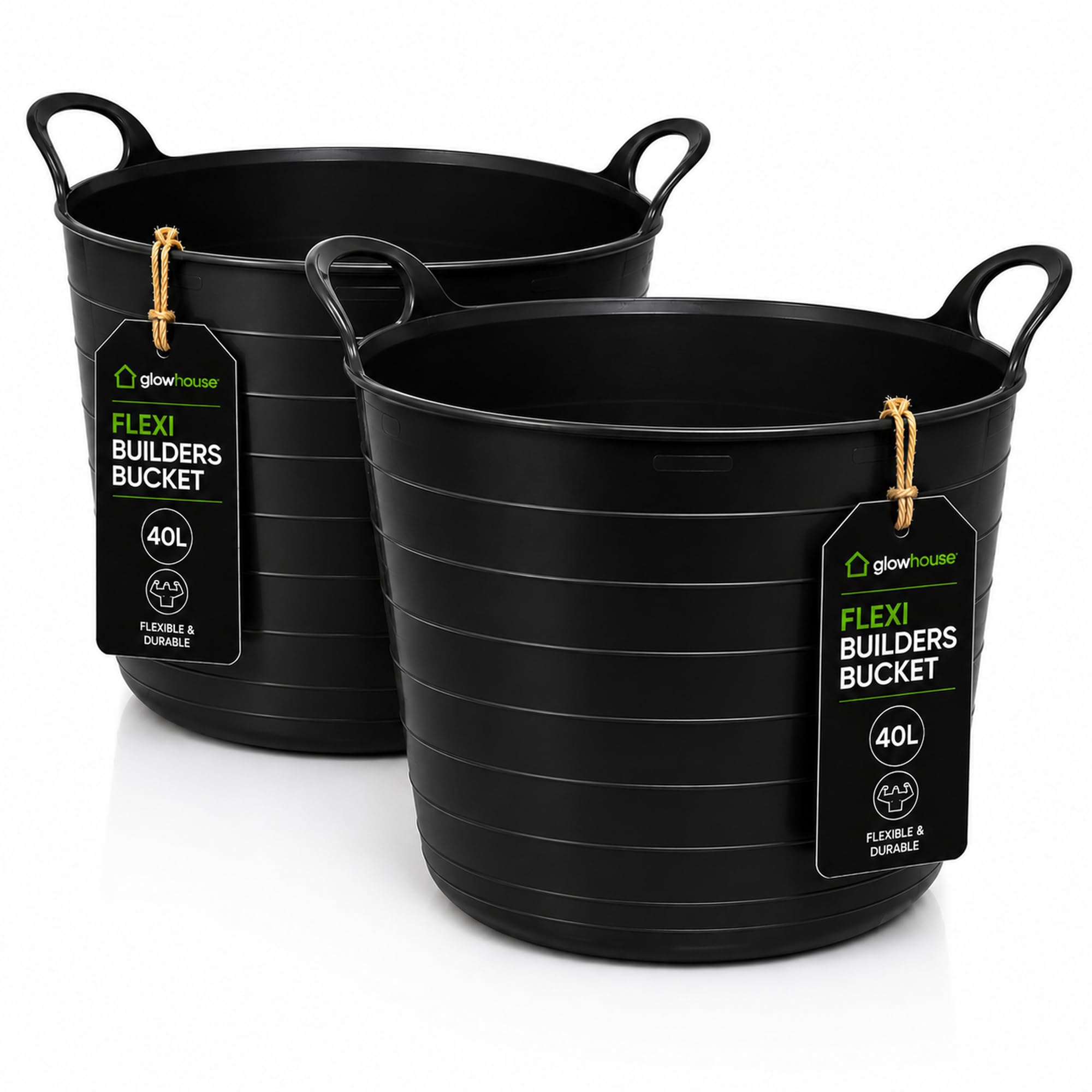 Flexi Buckets Heavy Duty Flexible Tub Trug Strong Multi-Purpose Garden, Stable, Feed, Cleaning & Storage Bucket Durable Carry Handles for Home, Garden, DIY & Outdoor Use (Black, 40 Litres Pack of 2)