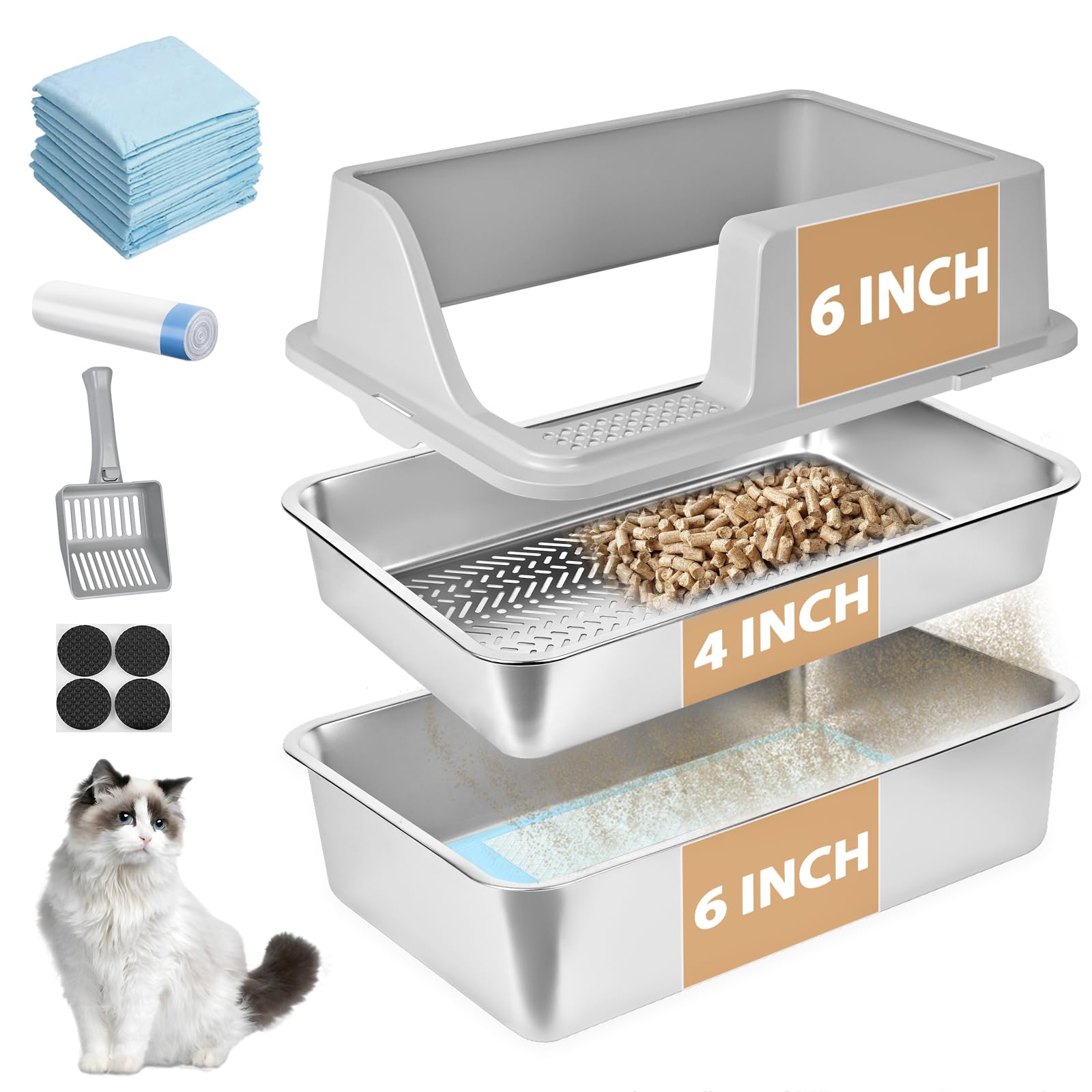 Homegroove Litière pour chat en acier inoxydable pour granulés de pin - 60 x 40 x 15 cm - Bord haut - Litière en métal avec couvercle - Pelle en plastique et 10 tampons d'urine (15,2 cm)